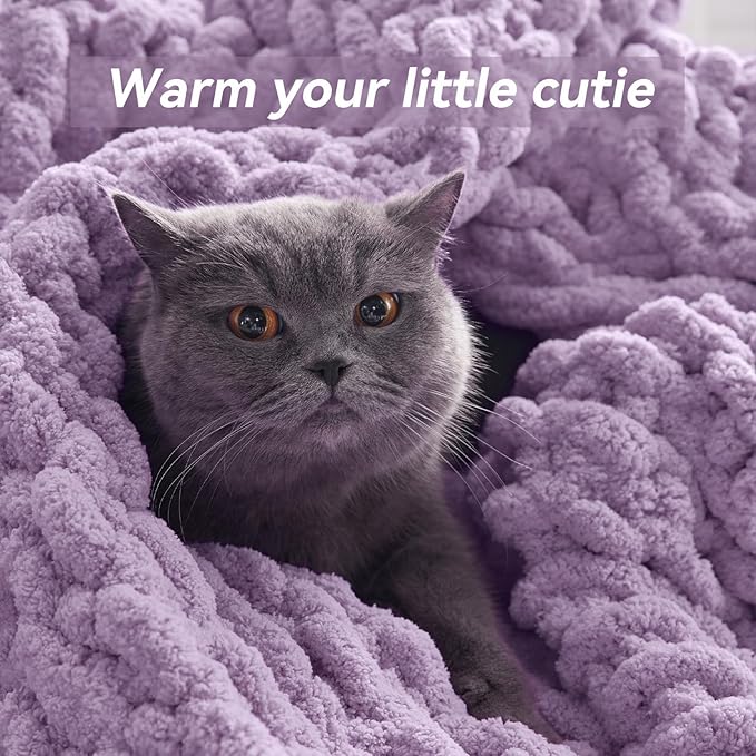 Chunky Knit Throw Blanket, 50''*60'' Knitted Throw Chenille Yarn for Bed Couch, Handmade Light Purple Crochet Big Thick Blanket, Machine Washable Cute Comfy Blanket for Home Decor