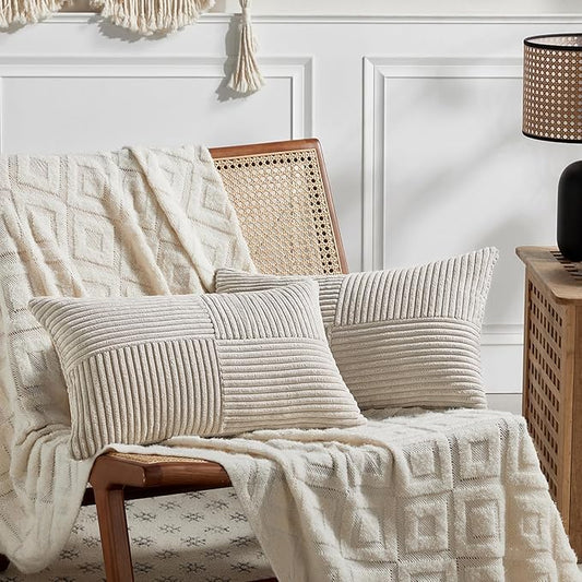 Fancy Homi 2 Packs Neutral Taupe Lumbar Decorative Throw Pillow Covers 12x20 Inch for Living Room Couch Bed Sofa, Farmhouse Home Decor, Soft Striped Corduroy Rectangle Accent Cushion Case 30x50 cm