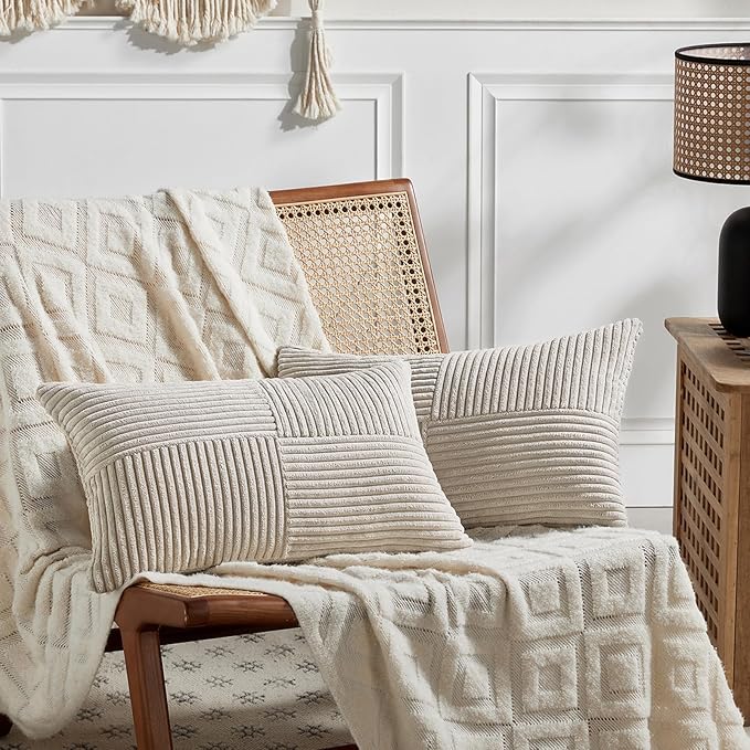 Fancy Homi 2 Packs Neutral Taupe Lumbar Decorative Throw Pillow Covers 12x24 Inch for Living Room Couch Bed Sofa, Farmhouse Home Decor, Soft Striped Corduroy Rectangle Accent Cushion Case 30x60 cm