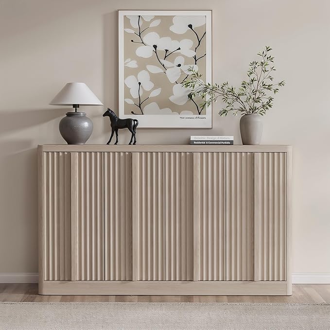 Fluted Buffet Cabinet with Storage, 60" Sideboard Buffet Accent Cabinet with 4 Door & Solid Wood Handle, Modern Buffet Table Credenza Console Cabinets for Living Room, Dining Room, Kitchen, Oak(1PCS)
