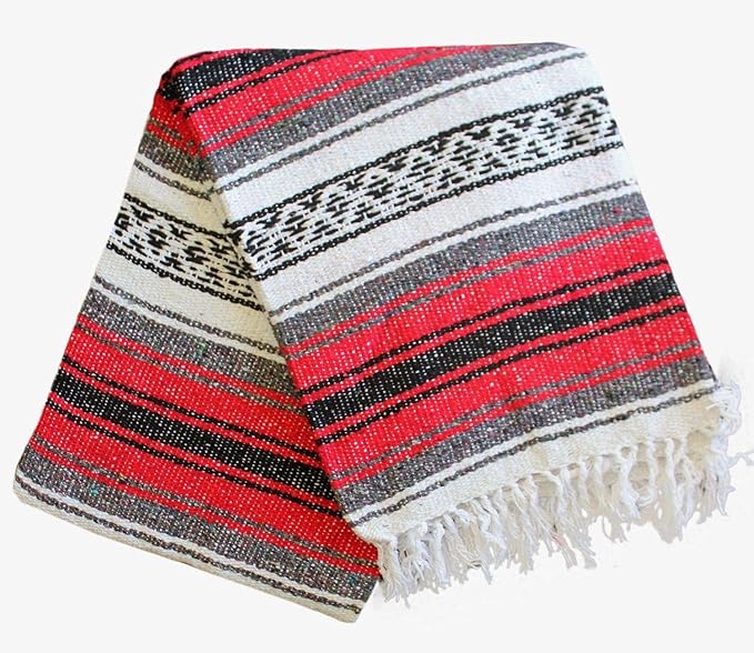 Del Mex Classic Mexican Blanket, Large Authentic Woven Falsa Throw (70"x50"), Artisan Southwest Décor for Beach, Yoga, Outdoors (Red)