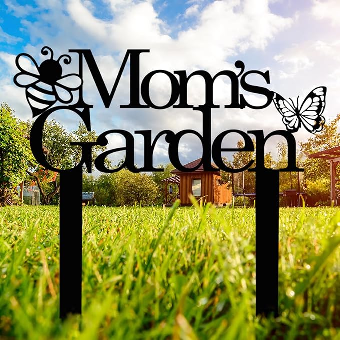 Custom Patio Meta Sign with Stake, Bee and Butterfly Decoration, Farmhouse Yard Art - Personalized Gardener Name, Gift for Mom & Grandma