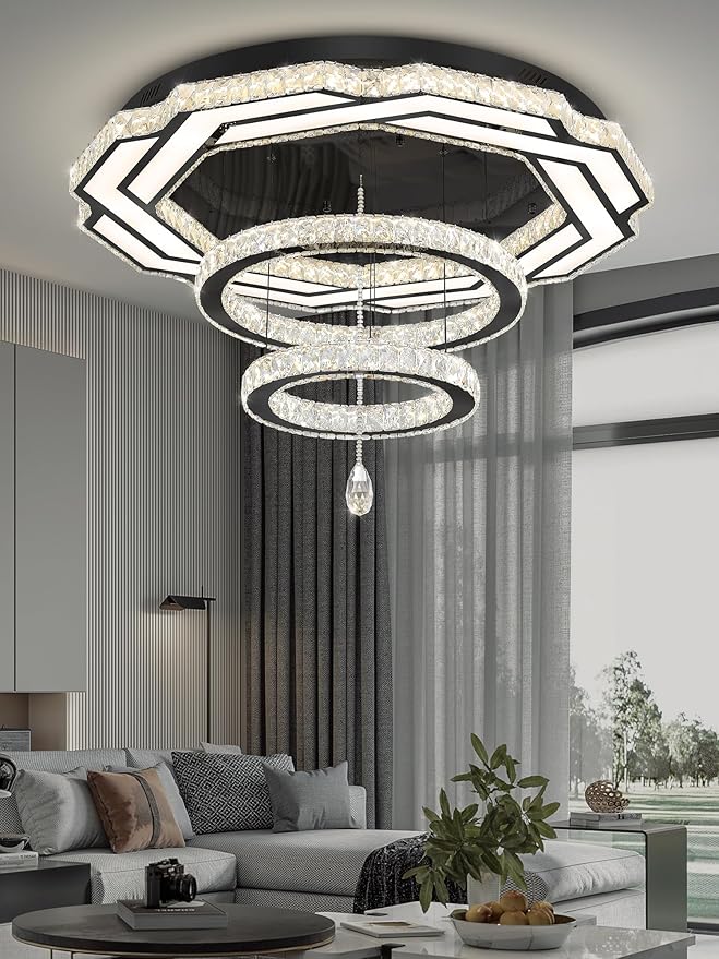 Flashing God Large Crystal Chandelier Dia 48" Black Chandelier Flush Mount Ceiling Light for Bedroom Living Room Dining Room Hallway Dimmable 3 Rings LED Celing Lighting Fixtures