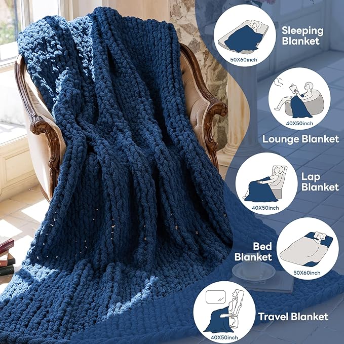 Chunky Knit Blanket - Luxury Soft Cozy 60 * 80 Throw Blanket,100% Woven Blanket Rope Knot Throw Blanket for Couch, Sofa, Home Decor, Gift - Machine Washable（Deep Blue）
