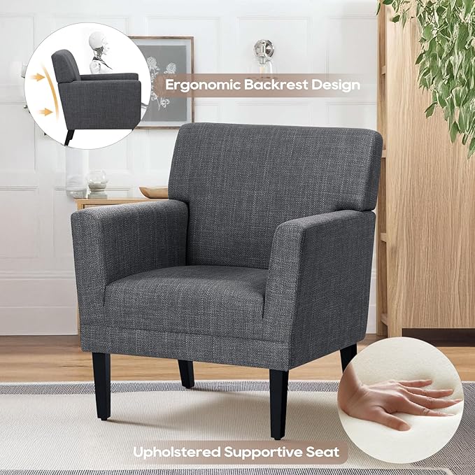 COLAMY Modern Accent Chair for Living Room, Upholstered Fabric Accent Armchair with Back, Soft Single Sofa Chair with Arms for Bedroom/Office/Reception Room, Dark Grey