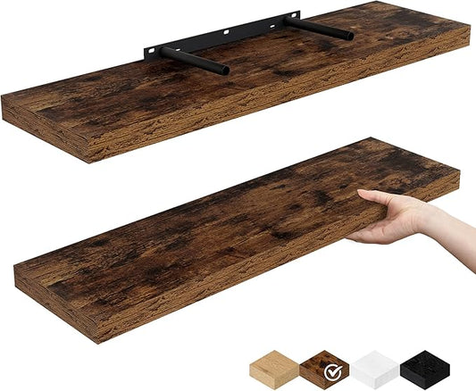 Fun Memories Floating Shelves for Wall, 24" Rustic Wood Deep Wall Mounted Shelves with Invisible Brackets for Decor & Storage, Floating Shelf for Living Room, Bathroom (Rustic Brown, Set of 2)