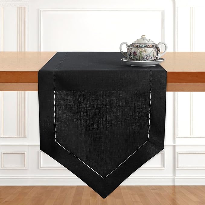 D'Moksha Homes Black Linen Table Runner 120 Inches Long - 100% Pure Linen Diamond Table Runner 14 x 120 Inch for Dining, Fall and Halloween - Machine Washable