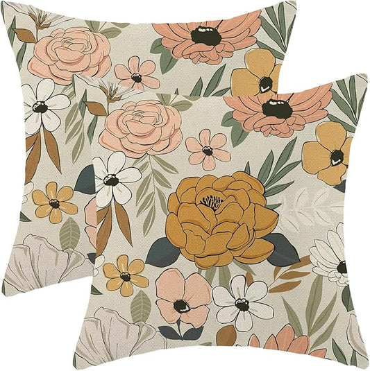 CXMEIFLY Spring Floral Pillow Covers 20 x 20 Inch Set of 2 for Vintage Mustard Yellow Pink Flowers Decor Throw Pillows Plant Cream Outdoor Decorative Cushion Cases for Couch Bed Decorations