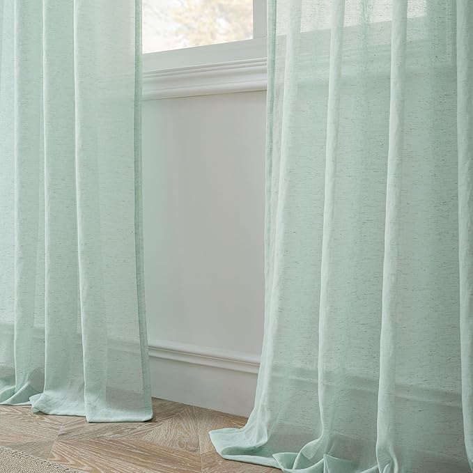 FMFUNCTEX Linen Sheer Curtains for Bedroom, Sage Green Curtains 84 inches Long for Living Room, Farmhouse French Flax Blend Window Draperies, Rod Pocket 2 Panels Set