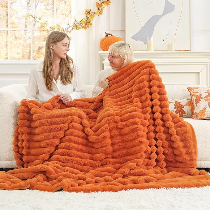 Cozy Bliss Fall Harvest Faux Fur Throw Blanket for Couch, Cozy Warm Plush Striped Blanket for for Decorating Couch Sofa Bedroom Living Room,50 * 60 Inches Burnt Orange