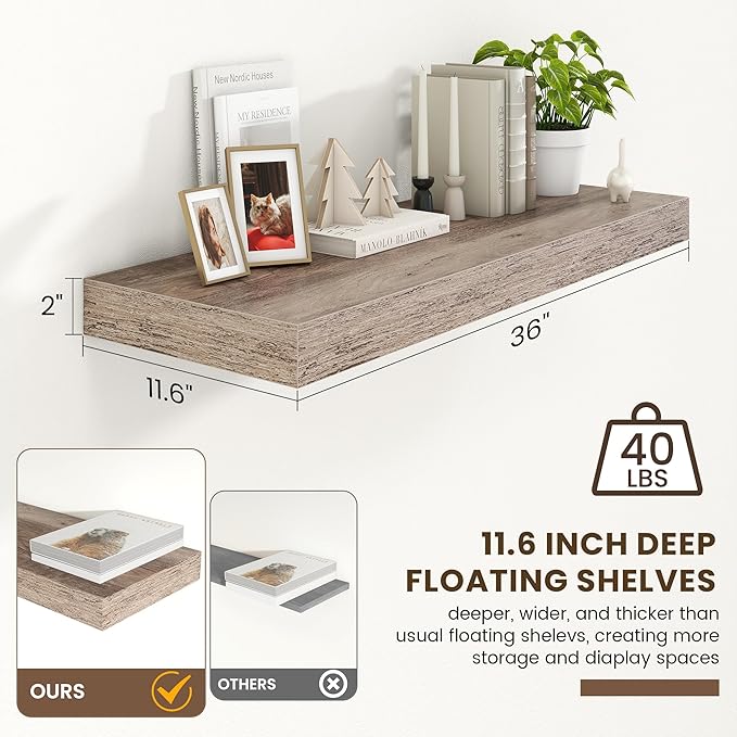 Deep Floating Shelves for Wall | 36 Inch Wide x 12 Inch Deep Floating Shelves | 36W x 12D Rustic Grey Wood Wide Wall Shelves | Bookshelf Laundry Shelf TV Shelf