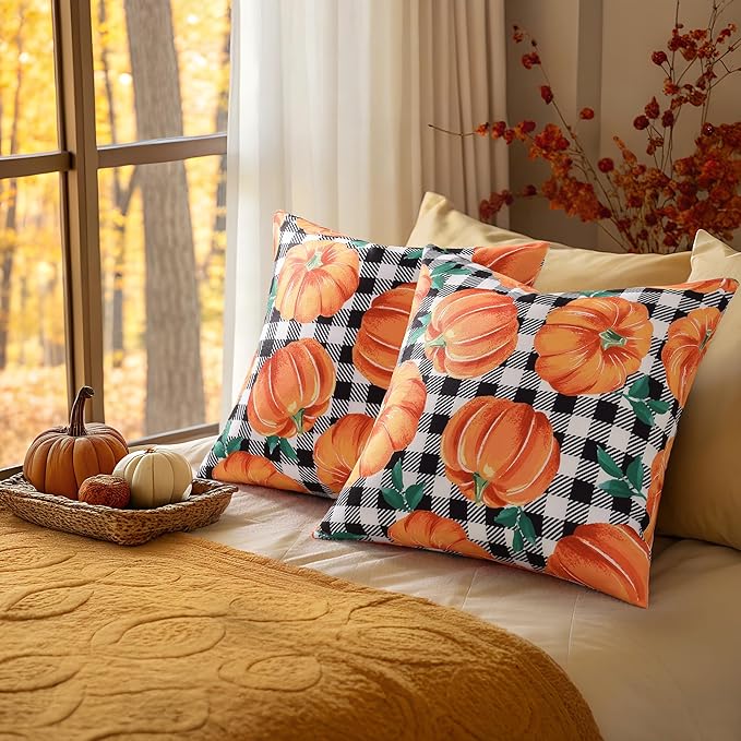decorUhome Fall Orange Pumpkin Decorative Throw Pillow Covers 20x20 Set of 2, Buffalo Plaid Check Farmhouse Cushion Covers for Autumn Harvest Couch Sofa Bed Home Decor