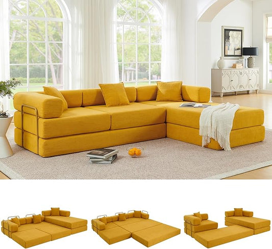 108" Oversized Convertible Sleeper Sofa Bed, Corduroy L Shape Sectional Couch, Folding Sofa Bed with Side Pocket, Modern Cloud Floor Mattress Couch, Modular Sofa for Living Room, Yellow