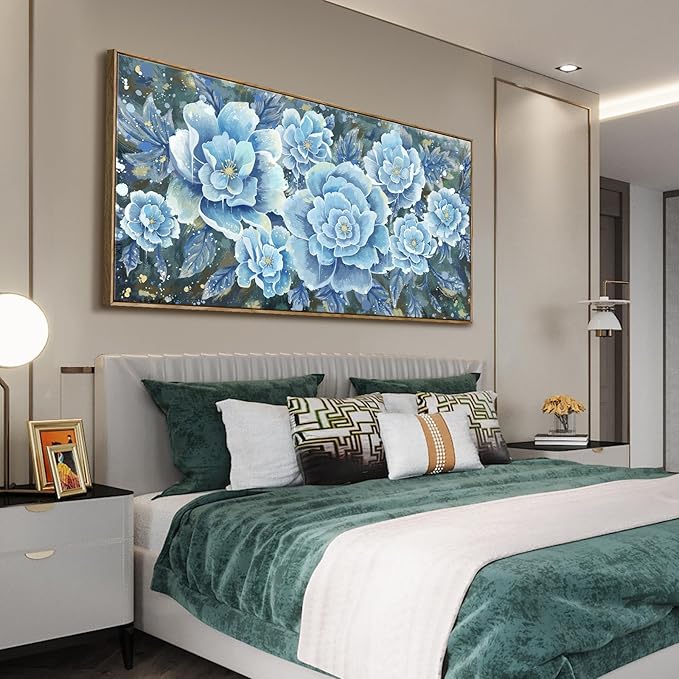 Extra Large Wall Art for Living Room, Framed Big Floral Blue Flower Canvas Print, Modern Oversized Blossom Peony Wall Picture Botanical Artwork for Dining Room Bedroom & Office Décor