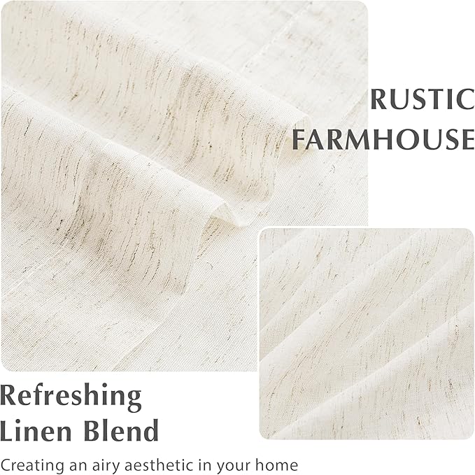 FMFUNCTEX Linen Sheer Pinch Pleated Curtains for Living Room, Linen Flax Beige 96 Inches Long Sheer Curtain Panels for Bedroom, Natural Back Tab Window Drapes for Farmhouse, Rod Pocket 2 Panels