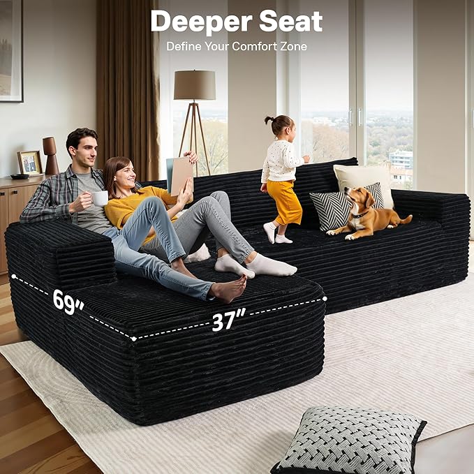 104" Cloudy Sectional L Shaped Couch for Living Room, No Assembly Required, Modular Comfy Sofa with Deep Seat, Fluffy Couch with Sleeper Chaise for Apartment Lounge (Black)