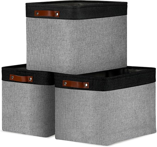DULLEMELO Fabric Storage Bins - Decorative Large Baskets for Home Shelves & Bedroom, Canvas Toy Organizers (Black & Gray)