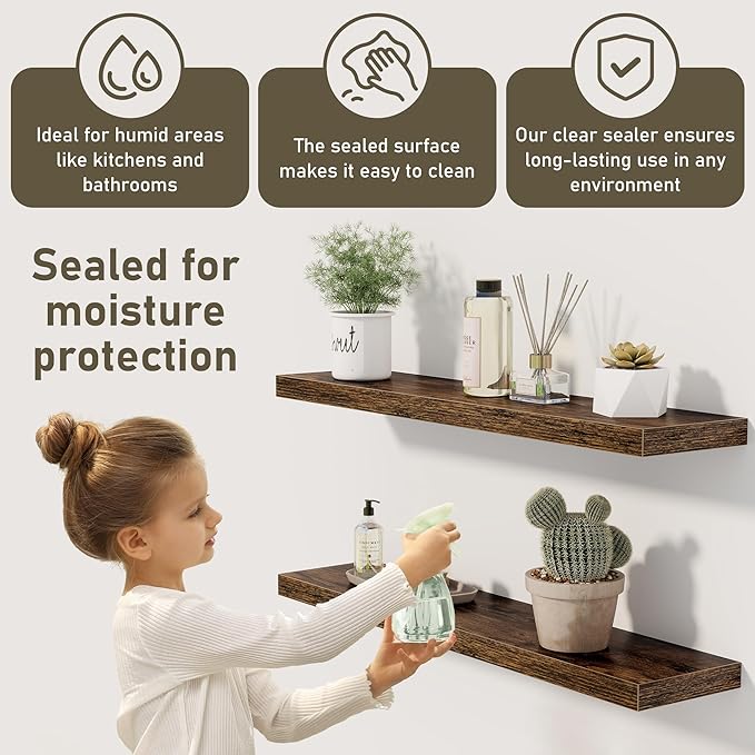 Floating Shelves Wall Shelf 48 Inch, 9.3 Inch Deep Floating Shelf, Farmhouse Black Wood Shelves Invisible Bracket for Living Room, Bedroom, Kitchen, 48 x 9.3 x 1.4 Inch, Set of 2, Rustic Brown