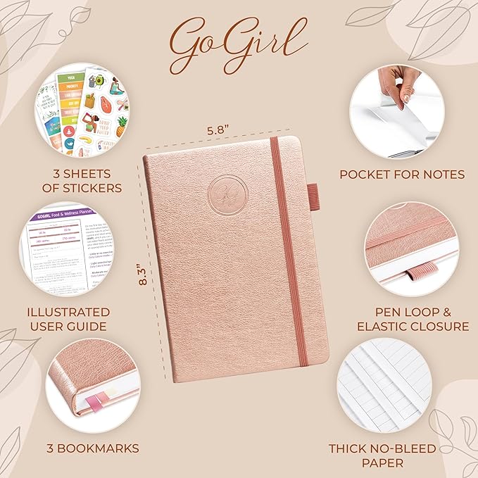GoGirl Food Journal & Wellness Planner –– Diet & Fitness Diary – Nutrition Journal with Meal, Exercise & Weigh Loss Tracker, A5 (Rose Gold)