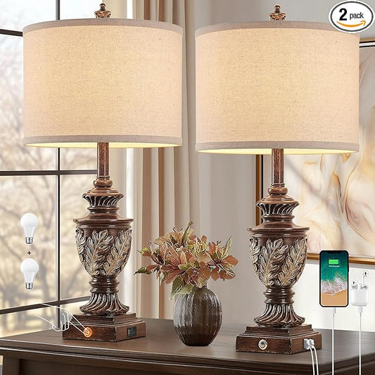 Farmhouse 3-Way Dimmable Touch Table Lamp Set of 2 for Bedroom Living Room with USB A+C Charging Ports 27.75" Tall Rustic Traditional Nightstand Bedside Lamps Brown End Table Lamp (2 Bulbs Included)