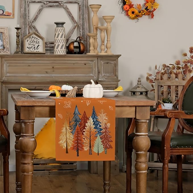 GEEORY Fall Watercolor Trees & Maple Leaves Table Runner 13x72 Inch, Rustic Farmhouse Autumn Thanksgiving Decor for Kitchen, Dining, Indoor/Outdoor Holiday Dinner Party Orange GT158-72