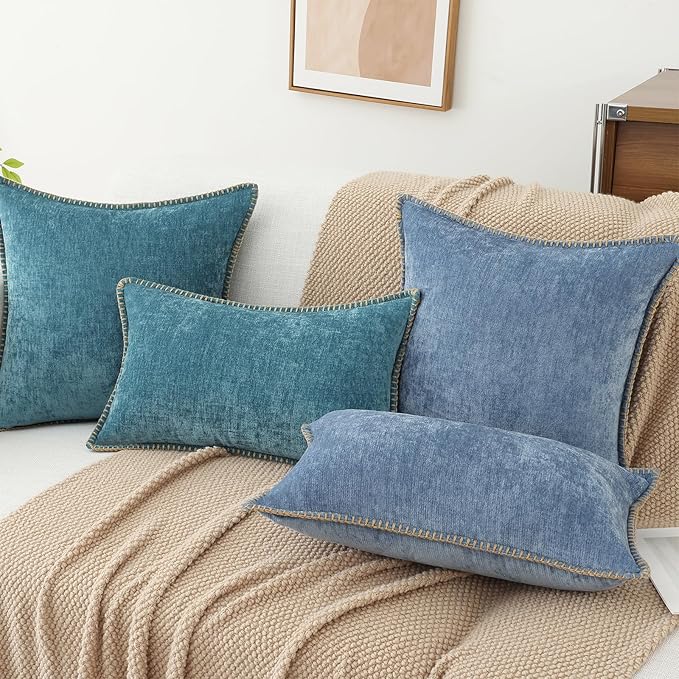 decorUhome Chenille Soft Throw Pillow Covers 22x22 Set of 2, Farmhouse Velvet Neutral Decorative Euro Pillow Covers with Stitched Edge for Couch Sofa Bed Home Decor, Teal