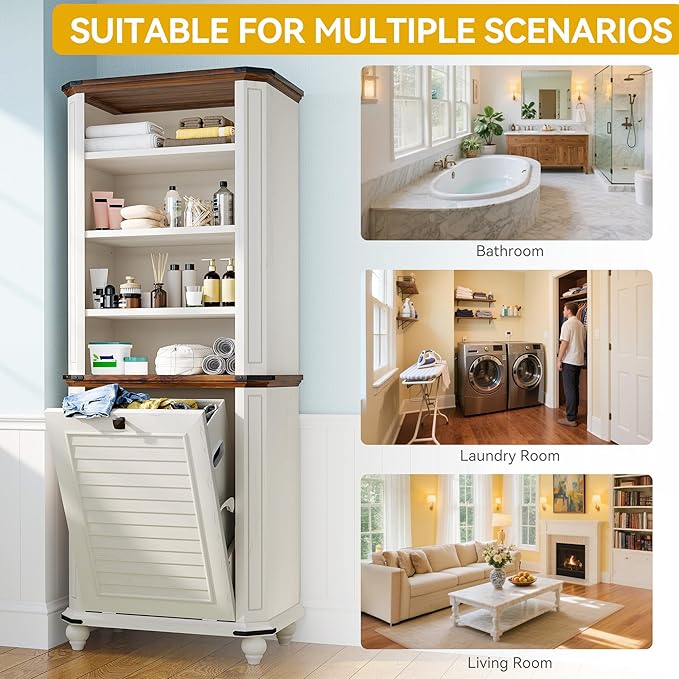 DWVO Tilt Out Laundry Hamper, Farmhouse 4-Tier Storage Cabinet with Removable Laundry Basket, Laundry Hamper Organizer with 2 Adjustable Shelves for Laundry Room, Bathroom, White