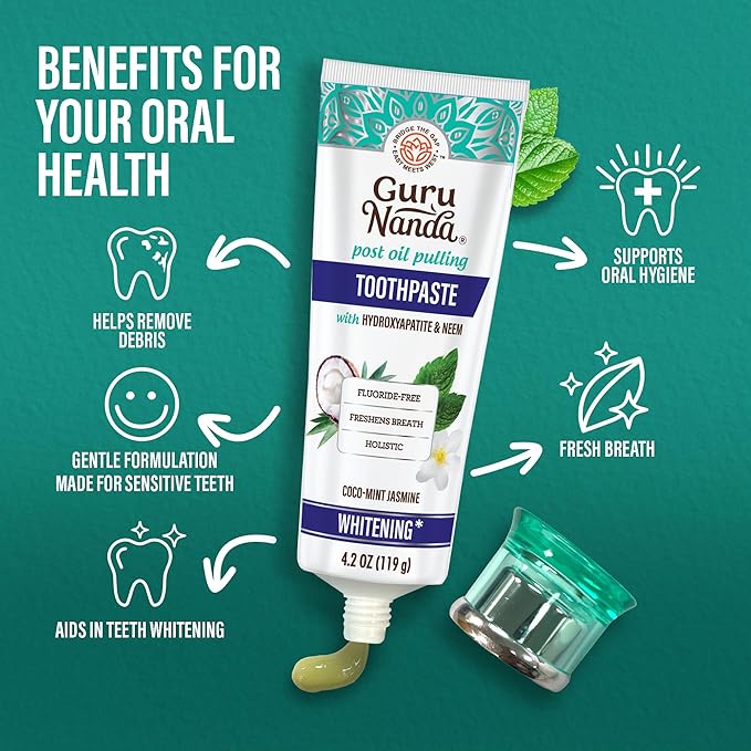 GuruNanda Hydroxyapatite Toothpaste, SLS & Fluoride Free, Whitening Toothpaste - Freshens Breath, Fights Plaque - Natural CocoMint Jasmine Neem, 4.2oz