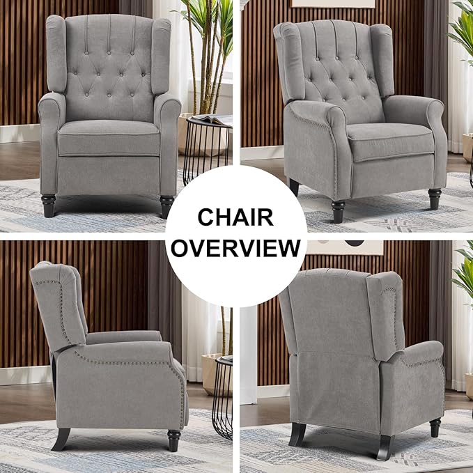 EBELLO 2 Pcs Pushback Recliner Chairs, Fabric Armchair Push Back Recliner with Rivet Decoration, Single Sofa Accent Chair for Living Room, Bedroom, Grey