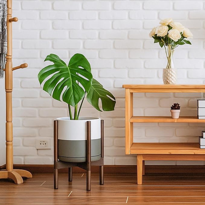 D'vine Dev Ceramic Planter with Walnut Color Stand - 10 Inch Modern Round Flower Pot with Wood Planter Holder, White/Grey, 55-B-X-6