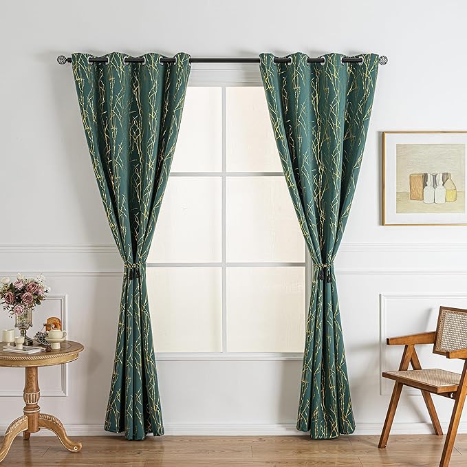 Grommets Blackout Long Window Curtains Green Gold-52W*95L 2PCS Drapes for Bedroom
