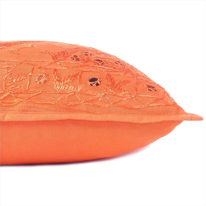 Eyes of India Embroidered Decorative Boho Throw Pillow Cover with Mirrors, Handmade Bohemian Accent Cushion Case for Sofa Couch Bedroom Living Room (Orange, 24" x 24")