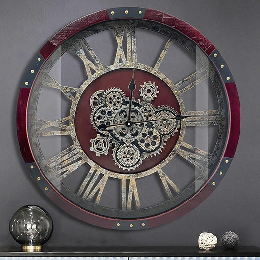 DORBOKER 24" Original Moving Gears Wall Clock, Large Industrial Wall Clock for Living Room Decor, Oversized Wood Vintage Farmhouse Steampunk Rustic Clocks for Wall Christmas Decor,Cherry Red