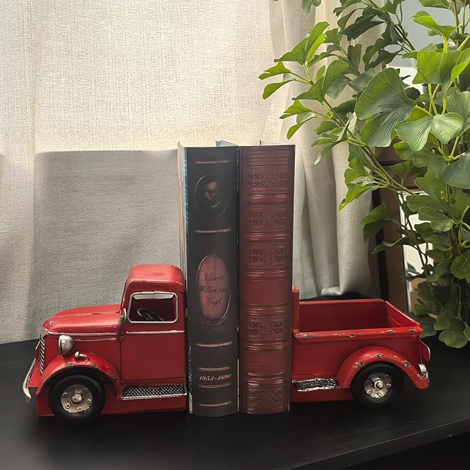 Decorative Book Ends Vintage Bookends: Metal Truck Book Stopper for Heavy Books - Farmhouse Decor for Shelf Table Coffee Bar Office Home - Gift for Adults Men Teen (Vintage Red)