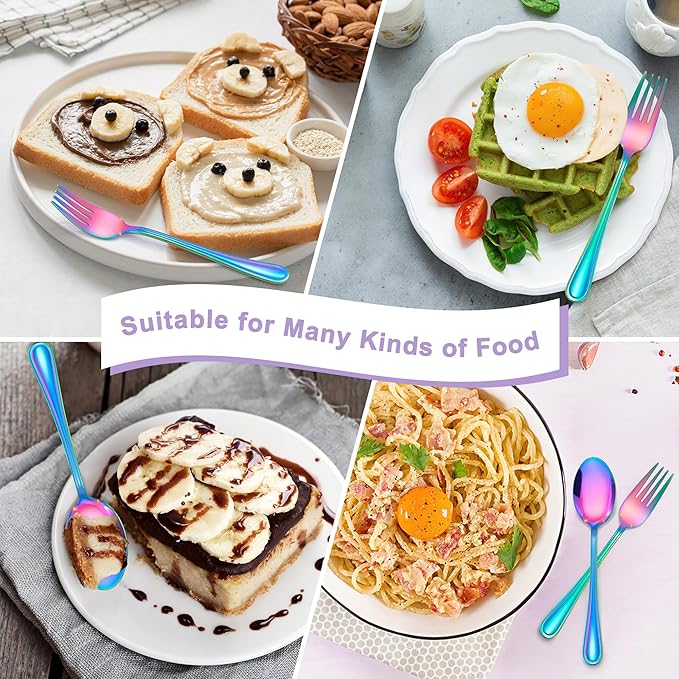 E-far 10-Piece Rainbow Toddler Utensils, Kid Stainless Steel Silverware Set, Children Safe Forks and Spoons Set for Self Feeding, Healthy & Non-Toxic, Mirror Polished & Easy to Clean