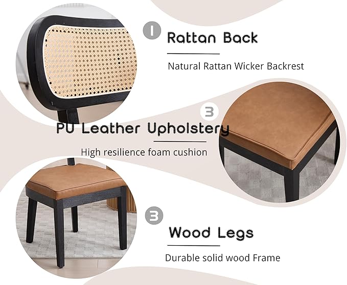 EALSON Mid Century Modern Rattan Dining Chairs Set of 2 Farmhouse Black Wood Kitchen Chairs with Cane Back Leather Upholstered Accent Armless Chairs for Dining/Living Room Restaurant, Brown