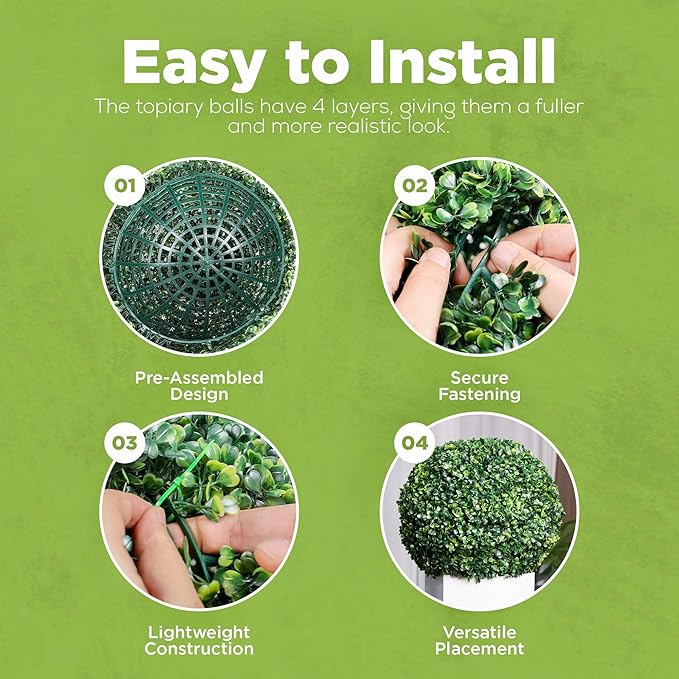 DRAY Premium 13" Faux Boxwood Balls – Set of 2 Artificial Topiary Spheres for Outdoor & Indoor Use – Realistic, UV-Resistant, Weatherproof Decorative Greenery – Check Measurements