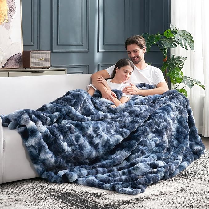 Cozy Bliss Faux Fur Throw Blanket for Couch, Fuzzy Soft Plush Thick Bubble Blanket for Sofa Bedroom Living Room, 90 * 90 Inches Tie Dye Blue