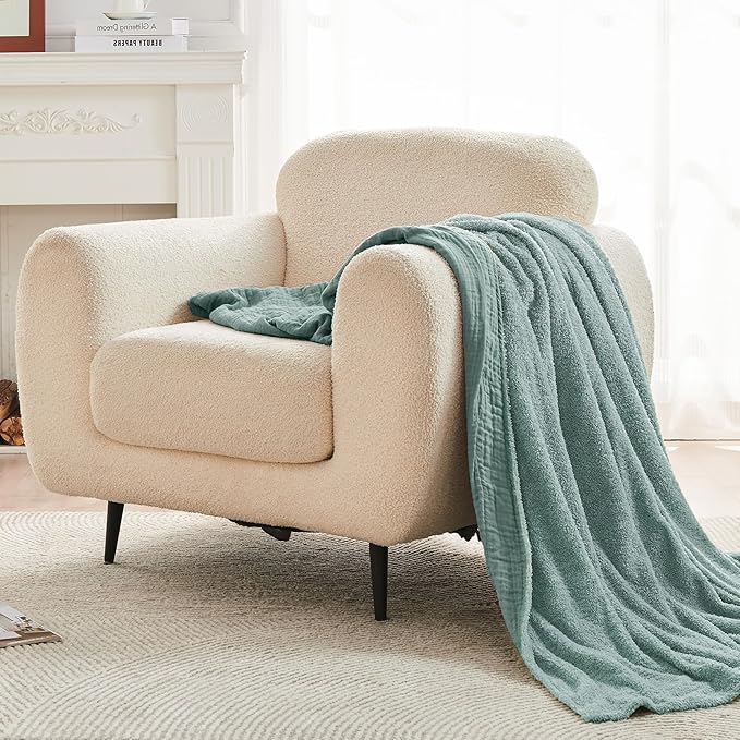 EMME Muslin and Fleece Queen Blanket Reversible - 80"*90" Teal Soft Warm Throw Blankets for Couch Bed Picnic Travel Bed
