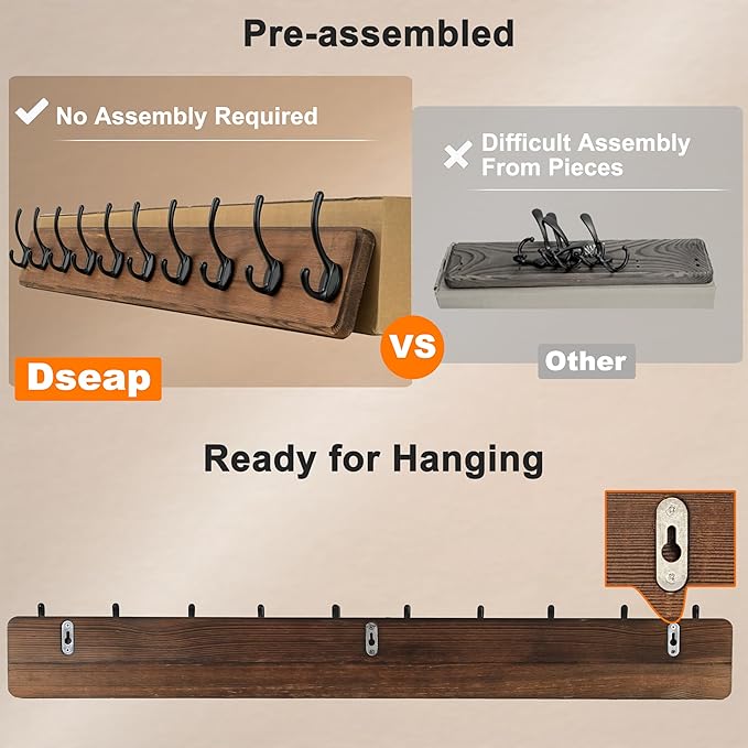 Dseap Coat Rack Wall: 38-1/4" Long, Patented, Heavy-Duty, 10-Double-Hooks Wooden Wall Mounted Coat Rack Coat Hanger Hook Rail for Winter Coats Hat Jacket Clothing, Weathered Brown, Pack of 2