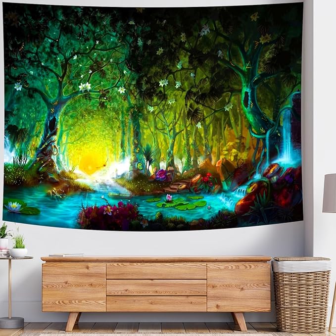 Delur Fantasy Forest Tapestry Mystical River Enchanted Magical Fairy Tale Tree Tapestry Sunrise Landscape Sunset Nature Psychedelic Wall Hanging Headboard for Bedroom Living Room Home Decor (51.2" x 59.1")