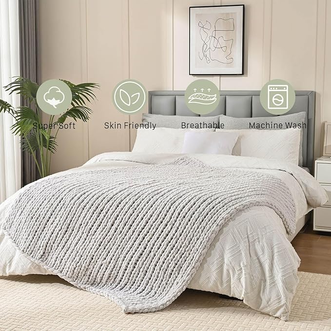 Esterra 100% Hand Knitted Chenille Throw Blanket, Cozy Soft Thick Cable Knit Throw, 40x50 Inches, Light Gray