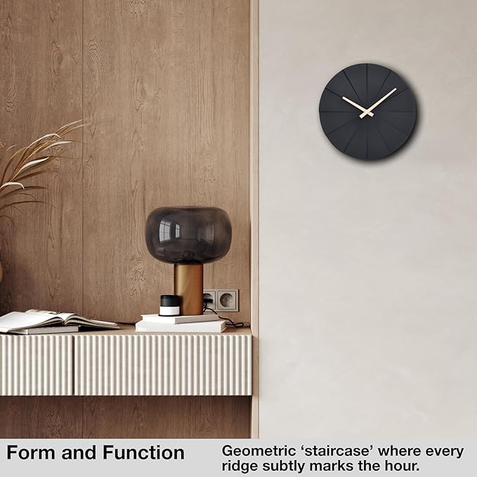 Driini Staircase Modern Wall Clock - Unique 10.5 in. Frameless Concrete Design - Contemporary, Minimalist Decor; No Numbers - Silent Battery Operated Clocks with Decorative Wooden Hands; Black