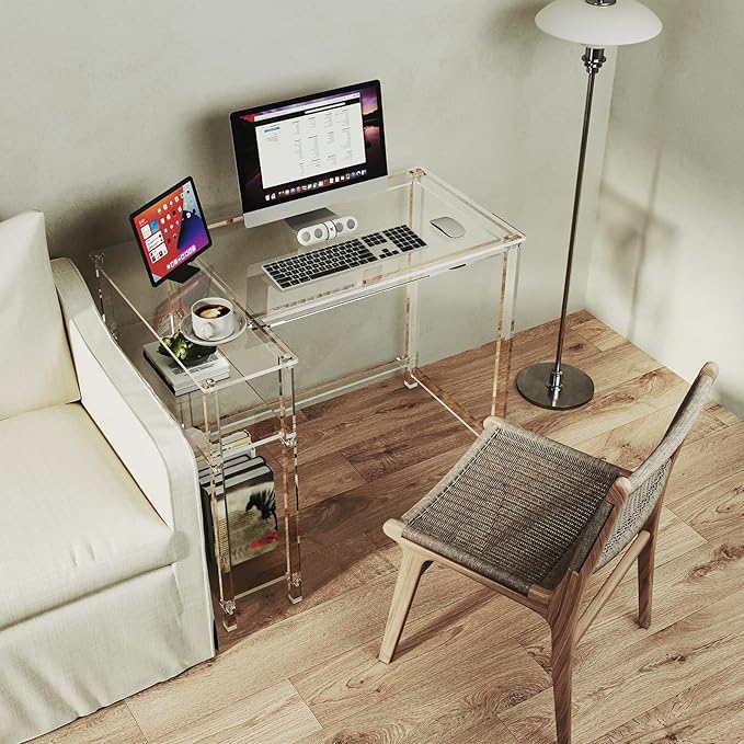 Eglaf Acrylic L-Shaped Desk - Clear Desk with Reversible Storage Shelves - Modern Home Office Desk Corner Desk for Study, Writing, Rectangular Legs, Easy Assembly, 39.4" L x 27''W x 29.5" H