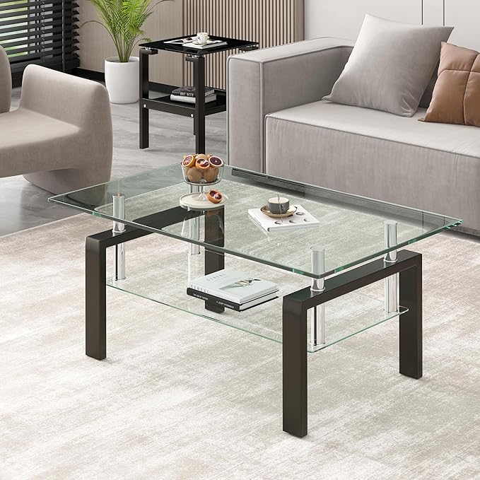 Glass Coffee Table Rectangle Living Room Center Table, with Tempered Glass Tabletop Black Metal Leg,for Living Room and Office (Dou-Clear Glass)