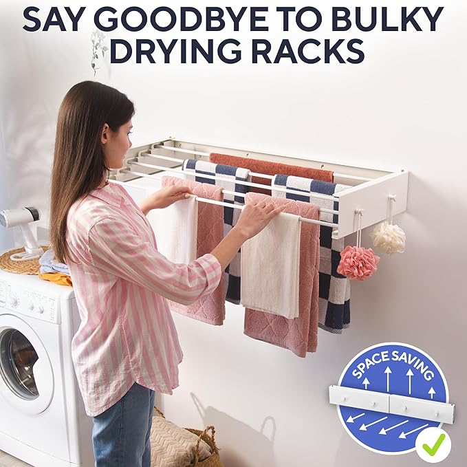 Foldable Wall Mounted Drying Rack 28 inch - Easy to Install Hanging Rack for Laundry Room - Space Saving Design with 55-lb Capacity - Perfect Drying Racks for Clothes Towels & More