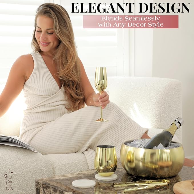 Gusto Nostro 4.1L Insulated Ice Bucket with Lid and Tongs, Double Wall Stainless Steel Ice Bucket Large, BPA Free Ice Bucket for Cocktail Bar, Keeps Champagne, Wine, Beer Chill for Parties (Gold)