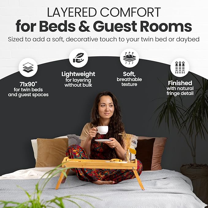 Gold Case Throw Blanket for Bed – 100% Recycled Turkish Cotton Bed Blanket – Decorative Throw Cotton Blankets for Living Room & Bedroom – Woven Twin Blankets - 71x90 - Elegant Grey