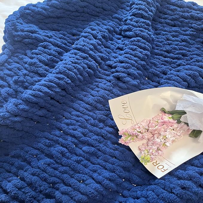 Chunky Knit Blanket Throw 40"x40", Chenille Throw Blankets, Handmade Warm & Cozy Blanket Couch Bed Home Decor, Soft Breathable Fleece Banket, Christmas for Couch Bed Sofa Best Gift (Navy Blue)