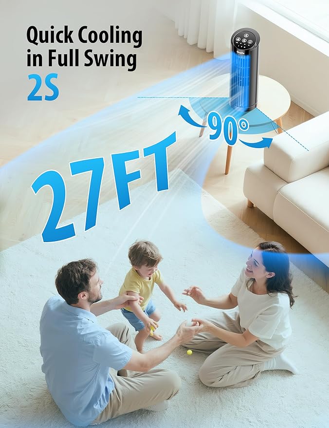 Grelife 13'' Tower Fan for Bedroom, 26dB Quiet Floor Fan with Remote, 3 Mode, 1-8H Timer, 90° Oscillating Fans for Indoors with 27ft/s Velocity, Portable Desk Table Fan for Room, Home, Office,Black